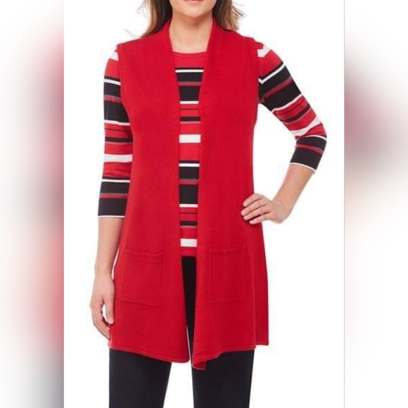 ALIA Red Open Knit Sleeveless Cardigan Size Large Petite - Picture 1 of 7